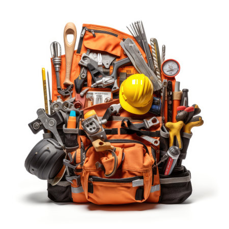 Set of tools in orange backpack isolated on white background. 3d illustrationの素材