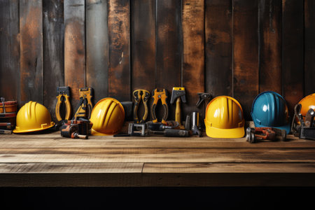 Close-up of construction tools on wooden background. Selective focus.の素材