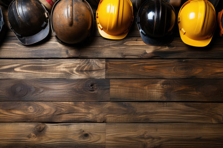 Hardhat and safety helmet on wooden background. Top view with copy spaceの素材
