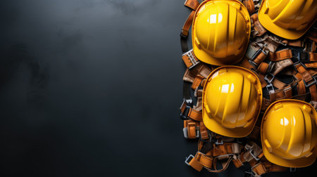 Group of yellow safety helmets on black background. 3d illustration.の素材