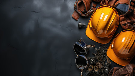 Safety equipment on dark background. Top view. Copy space for textの素材