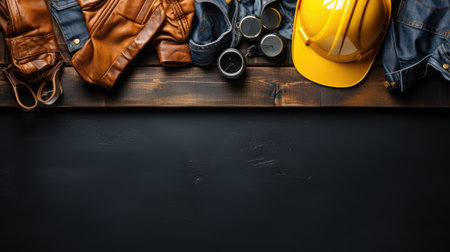 Standard construction safety equipment on black wooden background. Top view with copy space.の素材