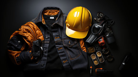 Safety gear and helmet on black background with copy space. Safety concept.の素材
