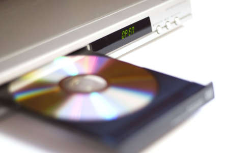 DVD player with open disc tray (DOF, focus on OPEN)の写真素材