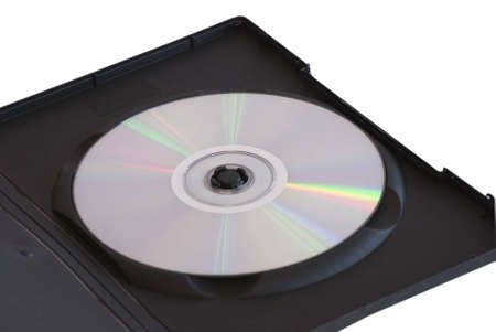 Open DVD case with disc standing vertically over white background isolatedの写真素材