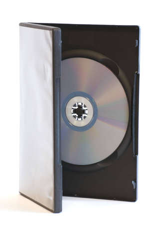 Half open DVD case with disc standing vertically over white background isolatedの写真素材