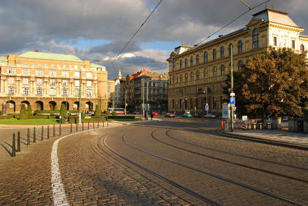 Prague street of bricks with tram lines going to brudgeの写真素材
