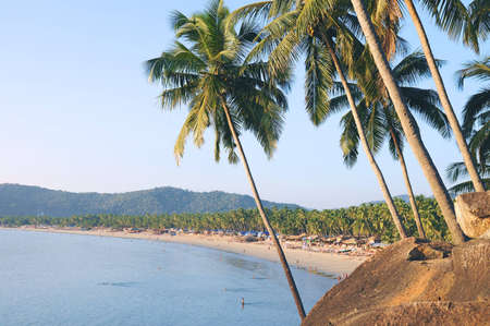 Palm trees with beautiful seascape on background with mountains, bay, sand beach and shacks.の写真素材