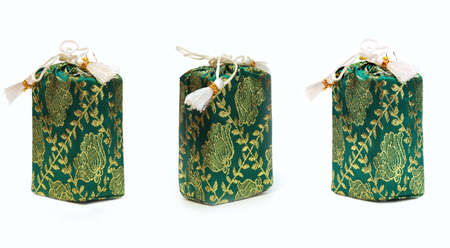 Green present sacks collection isolated on white backgroundの写真素材