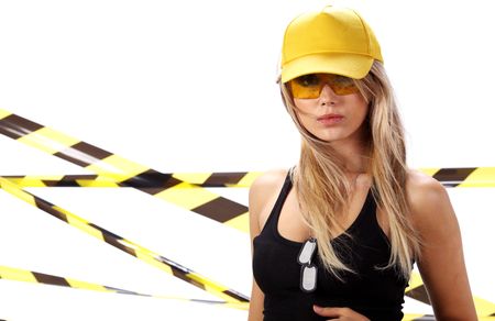 Female construction worker . Black and yellow concept.の写真素材