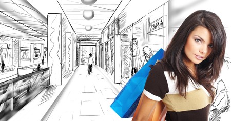 Shopping girl on drawing  the backgroundの写真素材
