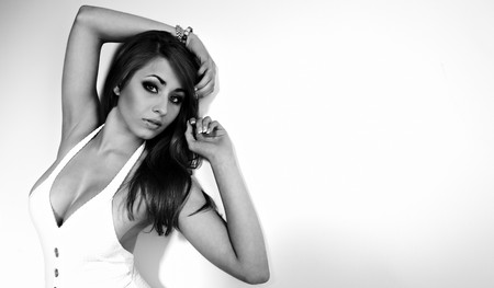 BW portrait of attractive emotional brunette girlの写真素材