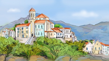 drawn illustration  to the old town の写真素材