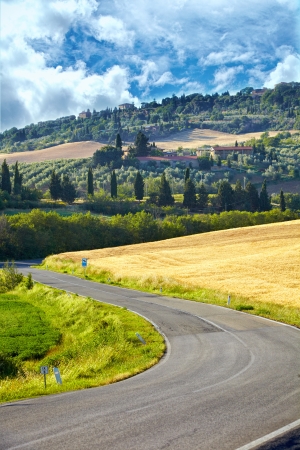 Typical landscape in Val d'Orcia ( Tuscany, Italy) at summer. Road .の写真素材