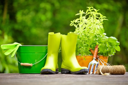 Rubber boots in wood terraceの写真素材