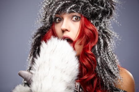 Fur Fashion  Beautiful Girl in Fur Hat  Winter Woman Portrait の写真素材