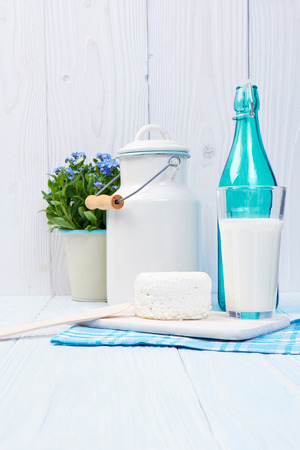 Dairy products on a white vintage  table.の写真素材