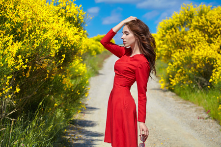 Beautiful woman in a red dress on a rural road in Italyの写真素材