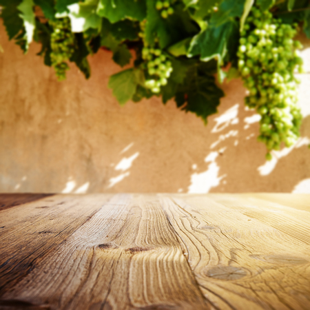 Wine background. Autumn design with vineyard and empty display. Autumn grapes harvestの写真素材