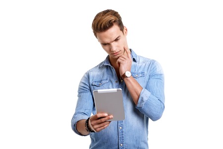 man using touchpad on white background