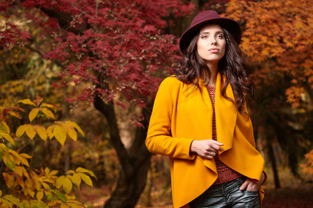 Beautiful elegant woman standing in a park in autumn , Fall conceptの写真素材