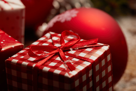 Christmas decorations on a rustic wood background, vintage retro styleの写真素材