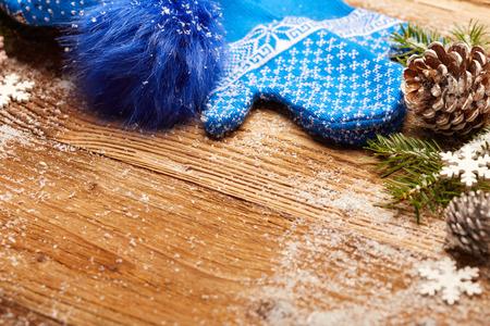 Christmas decorations on a rustic wood background.の写真素材