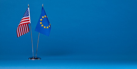 Two flags on a blue background, the political conceptの写真素材