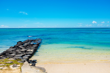 tropical beach with coconut palms on the background of the islandsの写真素材