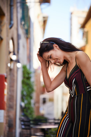 Italian tourist on the spit in a small townの写真素材