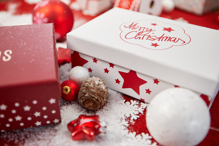 Christmas holidays composition on red backgroundの写真素材