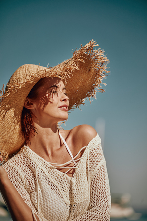 Vintage Bikini girl on the beach. woman in bikini on the beach on Adriatic Seaの写真素材
