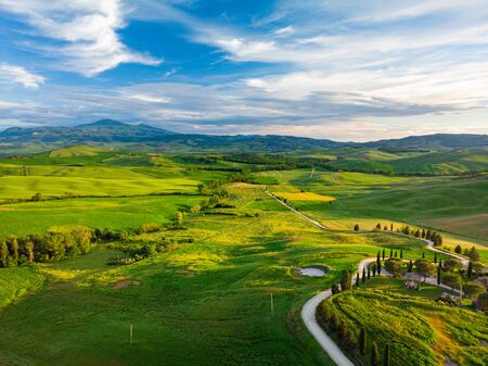 Typical landscape of the Val d'Orcia in Tuscany, Italy. Aerial view.
