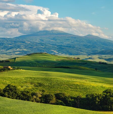 Beautiful and miraculous colors of green spring panorama landscape of Tuscany, Italy.の写真素材