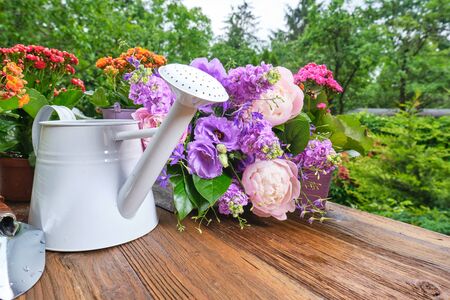 watering can and flower seedlings on a wooden tableの写真素材