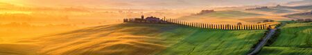 Tuscany landscape at sunrise. Typical for the region tuscan farm house, hills, vineyard. Italyの写真素材