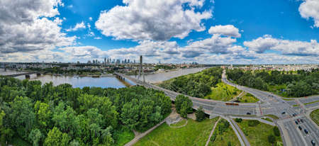 Warsaw skyline behind the bridge, Swietokrzyski bridgeの写真素材