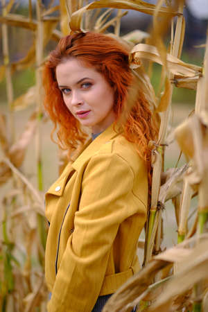 Smiling redhead outdoors backlit by sun, fashion shoot. Close up woman portrait. redhair girl. Beautiful young woman close-up in autumn.の写真素材
