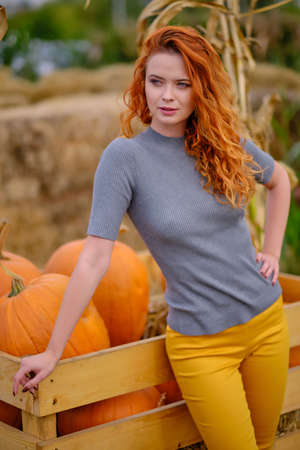 Autumn portrait of a beautiful woman with pumpkinsの写真素材