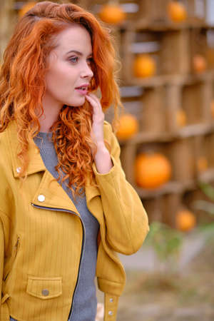 Autumn portrait of a beautiful woman with pumpkinsの写真素材