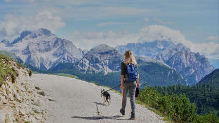a young woman and her dog hiking to the top of a mountain. Pandemic covid isolationの写真素材