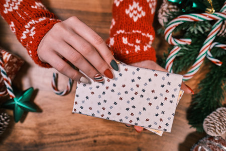 Female hands opening christmas gift above wooden table. Top viewの写真素材
