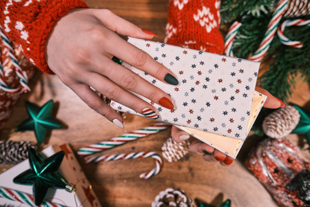Female hands opening christmas gift above wooden table. Top viewの写真素材
