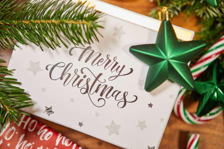 Beautiful gift boxes. Top view of christmas festive frame with new year decorations.の写真素材
