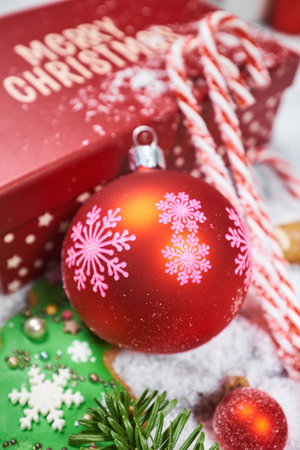 Christmas wooden background with snow fir tree. View with copy spaceの写真素材