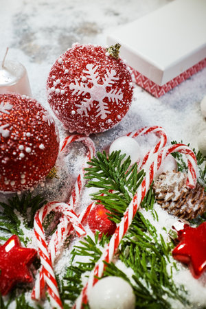 Christmas wooden background with snow fir tree. View with copy spaceの写真素材