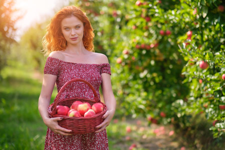 young woman cute blond girl smiling among red apples sun light flares of rays looking at camera on summer outdoor copy space backgroundの写真素材