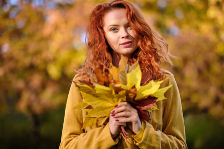 autumn woman on leafs. Park sceneの写真素材