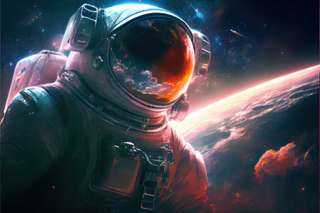 astronaut with galaxy in the sunset, cosmic background. Ai generativeの素材