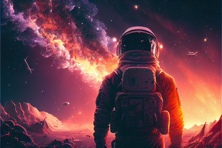 astronaut with galaxy in the sunset, cosmic background. Ai generativeの素材